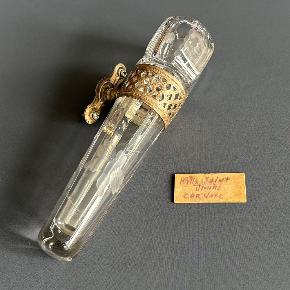 Antique Etched Lead Crystal Car Bud Vase | 1920s | Original Brass Mount Bracket